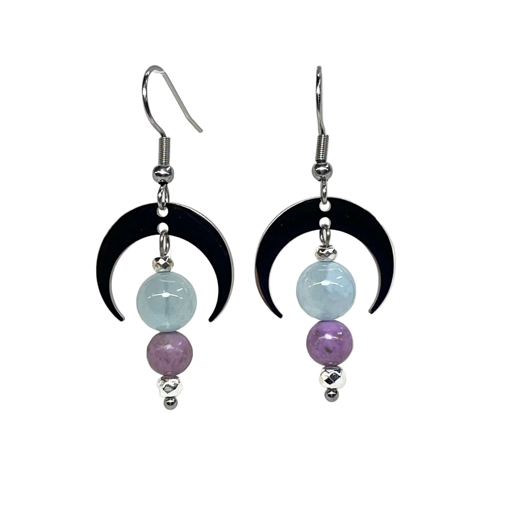 Aquamarine & Phosphosiderite Crescent Moon Earrings