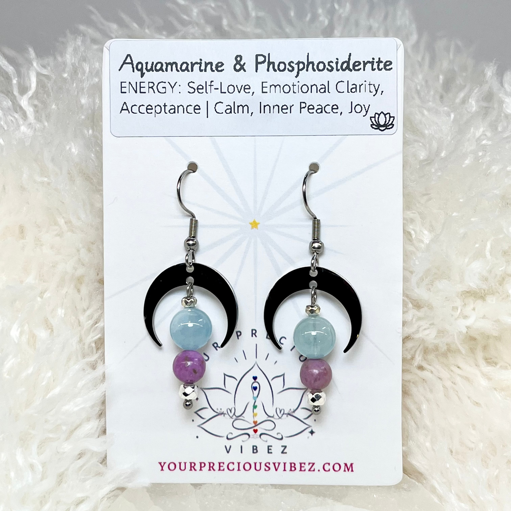 Aquamarine & Phosphosiderite Crescent Moon Earrings